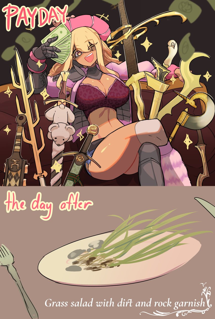 1girl ;d absurdres blonde_hair bra breasts centurii-chan cleavage commentary commentary_request crossed_legs dark-skinned_female dark_skin dirt english_commentary english_text fork grass hat highres holding holding_money large_breasts long_sidelocks looking_at_viewer money one_eye_closed open_mouth plate shorts sidelocks smile solo star-shaped_pupils star_(symbol) symbol-shaped_pupils torn_clothes torn_shorts underwear