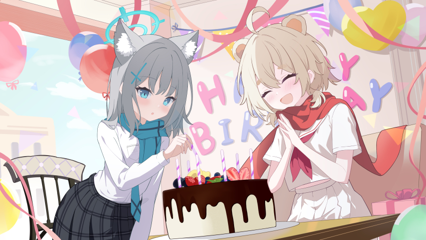 2girls absurdres animal_ear_fluff animal_ears bent_over birthday_cake black_skirt blonde_hair blue_archive blue_eyes blue_scarf blush cake character_request closed_eyes copyright_request food grey_hair hair_between_eyes happy_birthday highres long_hair long_sleeves medium_hair multiple_girls neckerchief open_mouth own_hands_together pink_neckerchief plaid_clothes plaid_scarf red_scarf scarf shiroko_(blue_archive) shirt short_sleeves sidelocks skirt ula_cabbage white_shirt white_skirt wolf_ears wolf_girl