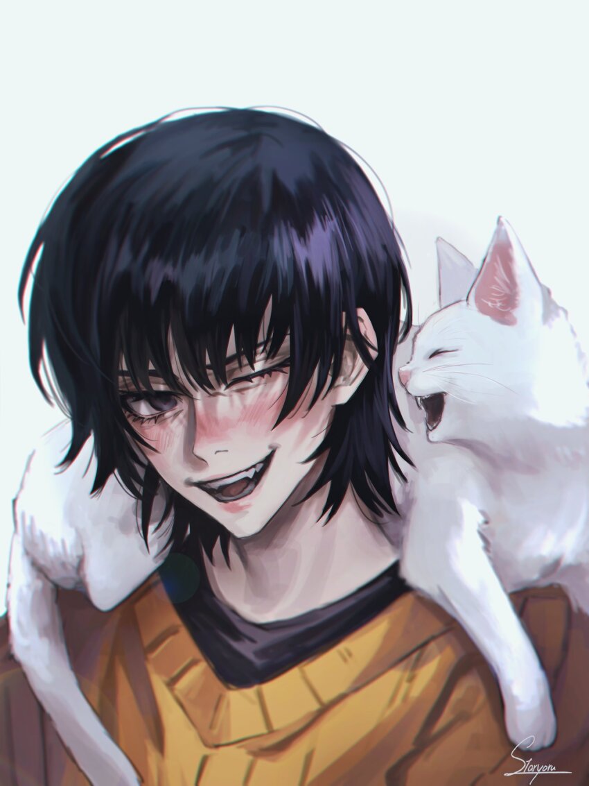 1girl animal animal_on_shoulder black_shirt cat cat_on_shoulder chainsaw_man crambon_(chainsaw_man) highres looking_at_another mitaka_asa one_eye_closed open_mouth shirt simple_background smile staryoruu sweater white_background yellow_sweater