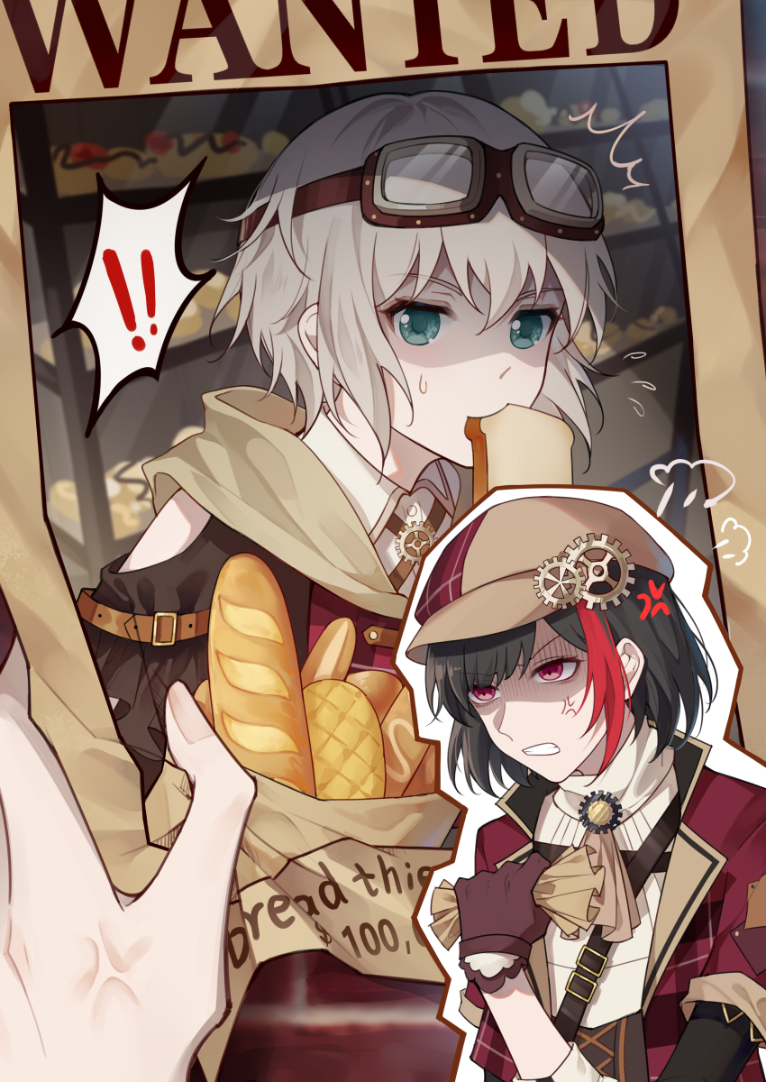 ! !! 2girls ^^^ absurdres anger_vein angry aoba_moca aqua_eyes baguette bakery bang_dream! black_hair bread bread_slice brown_gloves brown_hat clothing_cutout collared_shirt crumpled_paper eating flying_sweatdrops food food_in_mouth gear_hat_ornament gloves grey_hair hat hat_ornament head_steam highres jacket kagisase medium_hair mitake_ran mouth_hold multicolored_hair multiple_girls official_alternate_costume peaked_cap red_hair red_hat red_jacket shaded_face shirt shop shoulder_cutout streaked_hair surprised toast toast_in_mouth two-tone_hat wanted_poster white_shirt