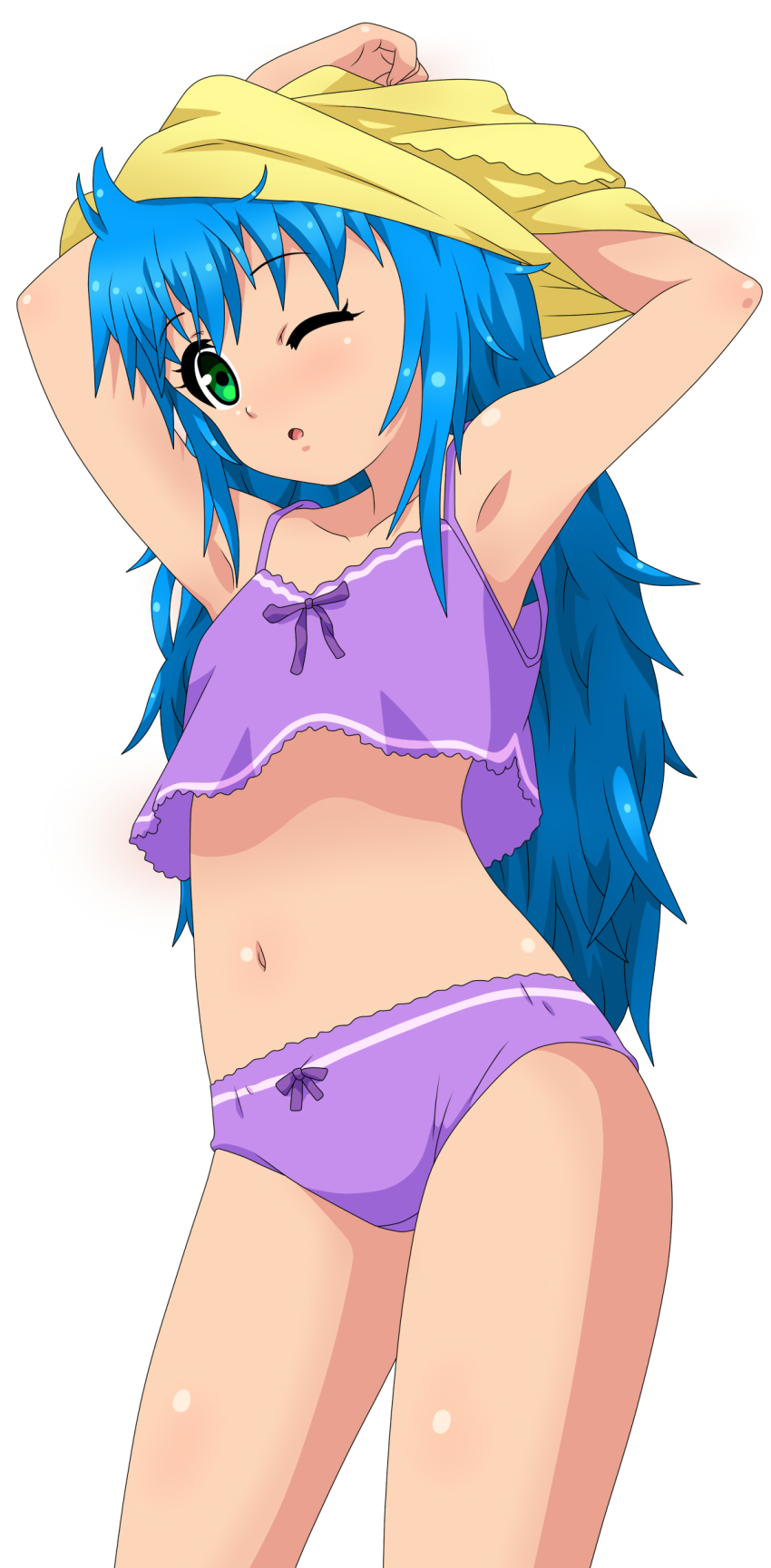 absurdres armpits blue_eyes bow bow_camisole bow_panties camisole commentary_request feet_out_of_frame green_eyes hands_up highres long_hair navel one_eye_closed original panties parted_lips purple_camisole purple_panties shirt tagme thighs underwear underwear_only undressing waru-ayumu white_background yellow_shirt