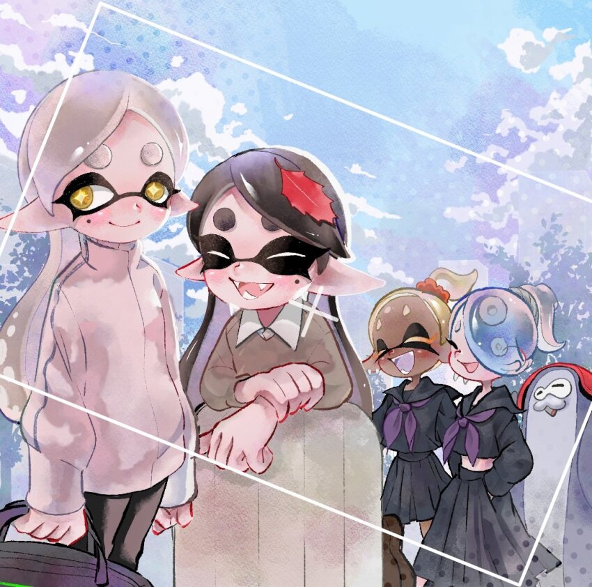 4girls aged_down atataka_soranko big_man_(splatoon) big_man_(young)_(splatoon) briefcase callie_(splatoon) closed_eyes dark-skinned_female dark_skin frye_(splatoon) frye_(young)_(splatoon) hair_ornament headphones looking_at_viewer marie_(splatoon) multiple_girls nintendo sailor school_uniform shiver_(splatoon) shiver_(young)_(splatoon) splatoon_(series) splatoon_3