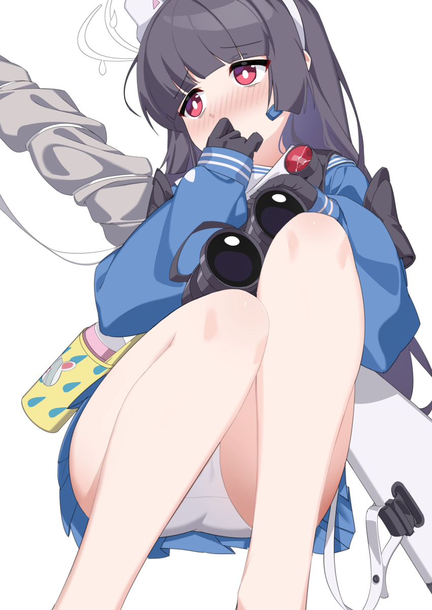 1girl absurdres animal_ear_hairband animal_ears armband bare_legs binoculars black_armband black_gloves blue_archive blue_serafuku blue_shirt blue_skirt blunt_bangs blunt_sidelocks blush bolt_action bright_pupils commentary covering_own_mouth dy_kai fake_animal_ears feet_out_of_frame furrowed_brow gloves grey_hair gun gun_sling hairband halo hand_over_own_mouth highres holding holding_binoculars knees legs long_hair long_sleeves looking_afar miniskirt miyu_(blue_archive) mosin-nagant nose_blush panties pantyshot pleated_skirt puffy_long_sleeves puffy_sleeves rabbit_ear_hairband rabbit_ears red_eyes rifle sailor_collar sailor_shirt school_uniform serafuku shirt sidelocks simple_background skirt solo thermos underwear very_long_hair weapon white_background white_hairband white_halo white_panties white_pupils white_sailor_collar