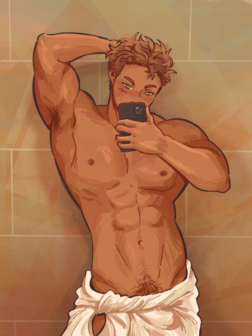 1boy 8wnqt abs arm_behind_head armpit_hair blush brown_hair commission covering_own_mouth cowboy_shot derek_suarez green_eyes head_tilt highres male_focus male_pubic_hair mirror_selfie muscular muscular_male nipples no_genitals our_life our_life:_beginnings_and_always pectorals pubic_hair second-party_source selfie solo towel towel_around_waist