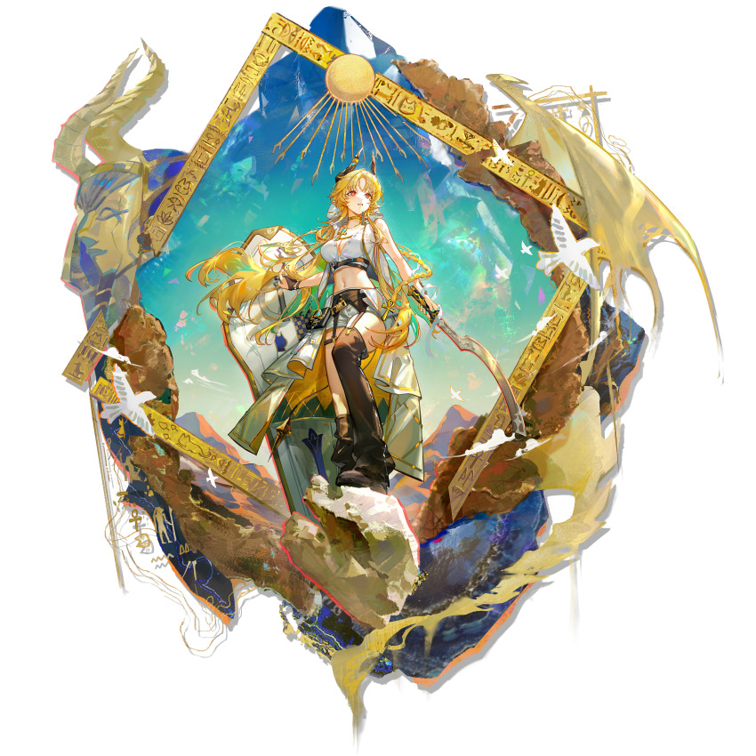1girl absurdres ankh ankh_necklace aqua_gemstone arknights asymmetrical_clothes asymmetrical_legwear bandaged_wrist bandages bare_arms belt bird black_bag black_belt black_boots blonde_hair boots braid breasts clear_sky cleavage crop_top cropped_shirt demon_girl demon_horns desert detached_pants egyptian_art floating_hair full_body garter_belt gem gold_necklace green_hair green_nails hand_on_hilt hieroglyphics high_belt highres hoirn holding holding_shield holding_sword holding_weapon hood hooded_vest hoodie horn_ornament horns jewelry khopesh large_breasts light_smile linea_alba long_hair looking_up loose_bandages multicolored_hair multiple_belts nail_polish navel necklace official_art open_clothes open_mouth open_vest outdoors overskirt philae_(arknights) red_eyes sand see-through_hood shield shirt shorts sidelocks single_pantsleg sky solo standing statue sword teeth thigh_strap third-party_source transparent_background two-tone_hair upper_teeth_only vest weapon white_hood white_overskirt white_shirt white_shorts white_vest