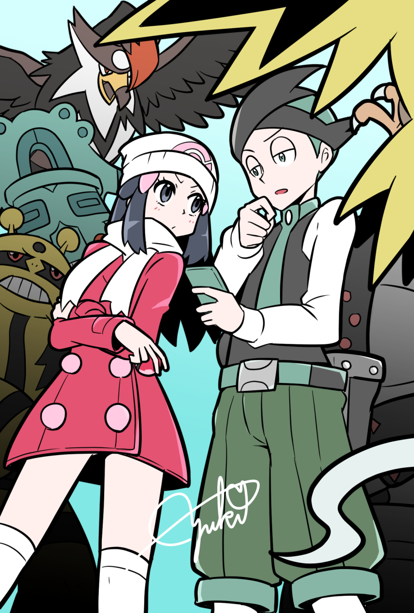 1boy 1girl beanie black_hair blue_background bronzong crossed_arms dawn_(pokemon) electivire gen_1_pokemon gen_3_pokemon gen_4_pokemon green_hair hat highres holding holding_poke_ball legendary_pokemon looking_at_another nintendo poke_ball poke_ball_(basic) pokemon pokemon_(creature) pokemon_dppt pokemon_platinum registeel scarf signature simple_background staraptor thorton_(pokemon) white_scarf yuki_mura_1031 zapdos