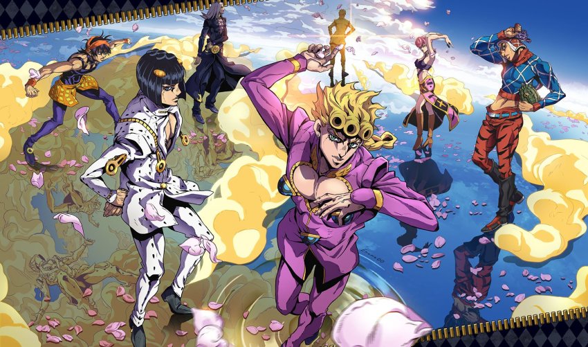 1girl 6+boys animal aora black_hair blonde_hair boots braid bruno_bucciarati cloud coco_jumbo giorno_giovanna guido_mista gun handgun hat highres holding holding_animal jojo_no_kimyou_na_bouken leone_abbacchio midriff multiple_boys narancia_ghirga pannacotta_fugo petals pink_hair revolver signature sleeveless sun trish_una turtle vento_aureo weapon zipper zipper_pull_tab