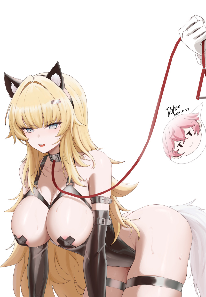2girls absurdres animal_ears bdsm blonde_hair blue_eyes blush bondage_outfit bound breasts character_request collar douhao_(cmza8875) elbow_gloves femdom gloves highres large_breasts leash long_hair looking_at_viewer multiple_girls open_mouth pasties pet_play resonance_solstice slave tail
