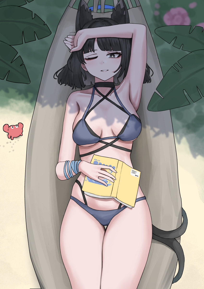1girl absurdres animal_ears bikini black_eyes blue_archive book bracelet breasts cat_ears cat_girl cat_tail cowboy_shot crab criss-cross_straps from_above gradient_tail grey_bikini hammock highres jewelry kikyou_(blue_archive) kikyou_(swimsuit)_(blue_archive) layered_bikini looking_at_viewer lying medium_breasts miton_iguana multi-strapped_bikini_bottom multiple_tails official_alternate_costume short_hair solo swimsuit tail two_tails