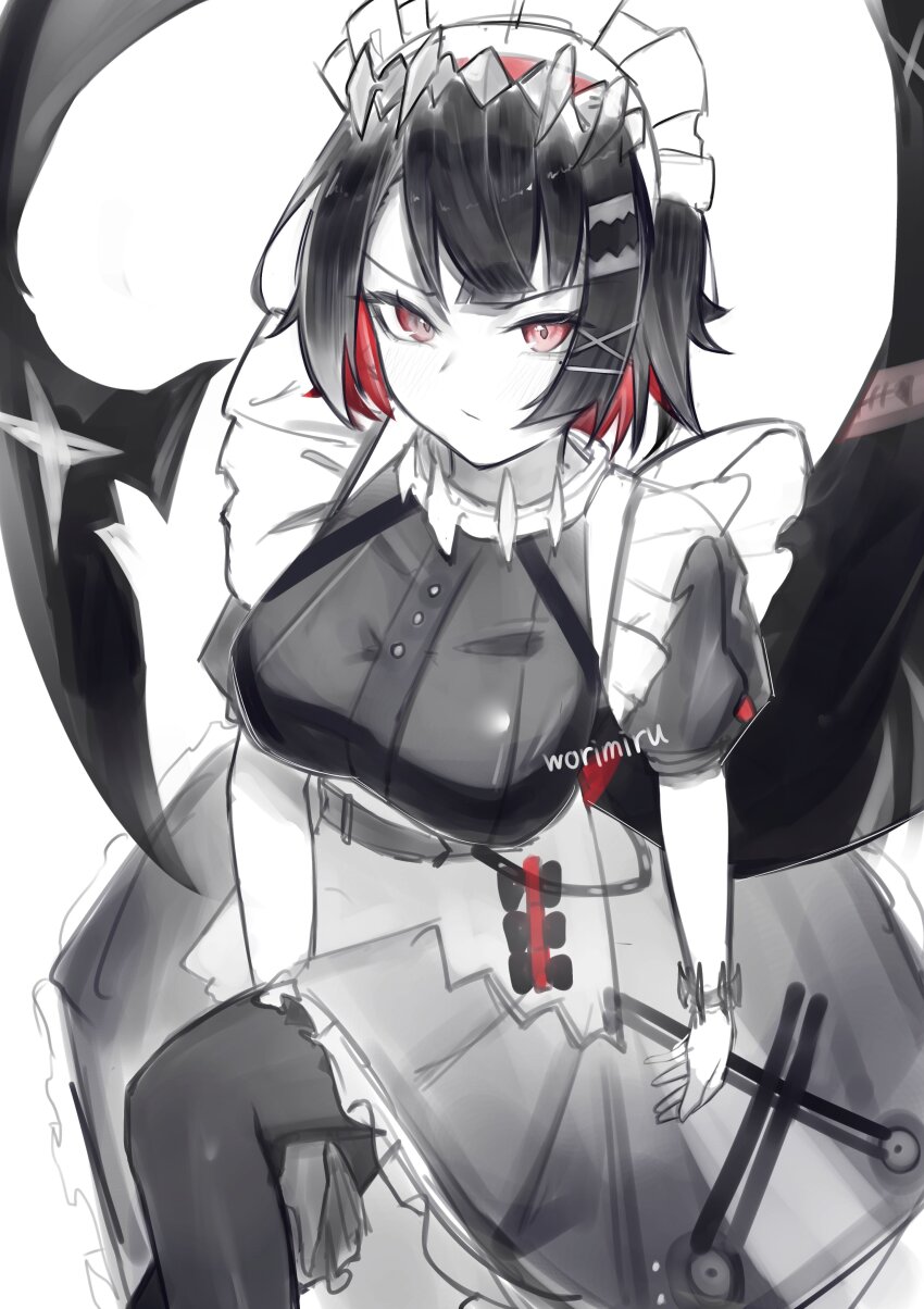 1girl absurdres artist_name black_hair closed_mouth colored_inner_hair dress ellen_joe frills greyscale hair_ornament hairclip highres looking_at_viewer maid maid_headdress monochrome multicolored_hair puffy_short_sleeves puffy_sleeves red_eyes red_hair short_hair short_sleeves signature simple_background sketch solo spot_color tail unfinished watermark white_background worimehl x_hair_ornament zenless_zone_zero