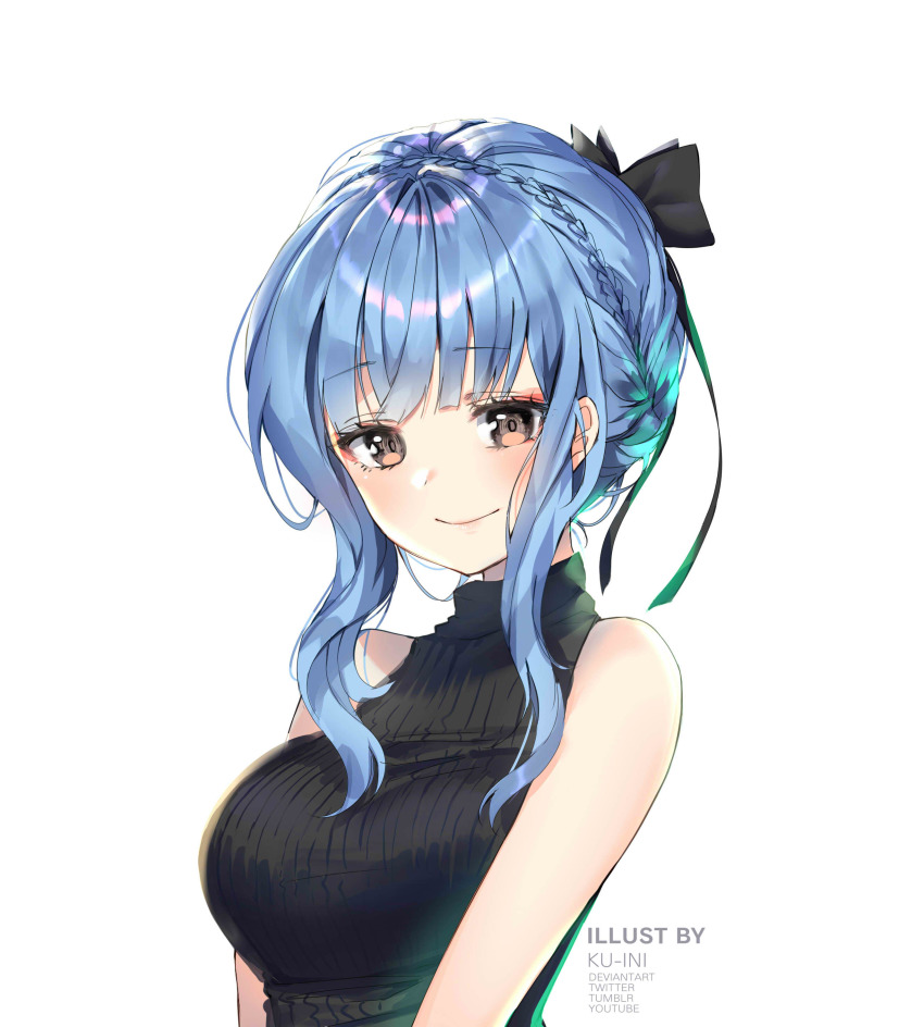 1girl absurdres alternate_costume artist_name blue_hair bow braid brown_eyes closed_mouth commission crown_braid female_focus fire_emblem fire_emblem:_three_houses hair_bow highres ku-ini marianne_von_edmund nintendo sleeveless smile solo upper_body