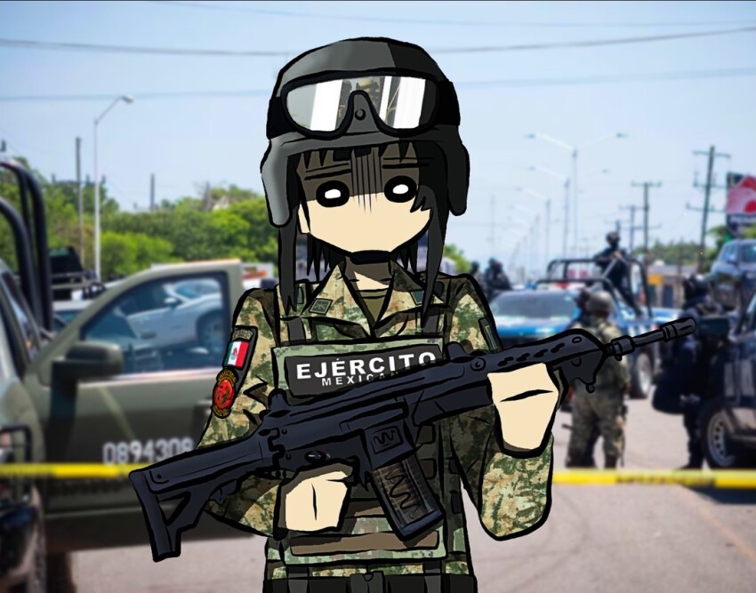 1girl assault_rifle belt black_helmet bulletproof_vest camouflage camouflage_shirt collared_shirt commentary finger_on_trigger fx-05_xiuhcoatl glaring goggles goggles_on_headwear gun helmet holding holding_gun holding_weapon kennett_tarthacovsky looking_at_viewer mexican_flag mexico military military_combat_uniform military_uniform no_mouth o_o original outdoors patch photo_background rifle scowl shirt sidelocks soldier solid_circle_eyes spanish_commentary upper_body weapon