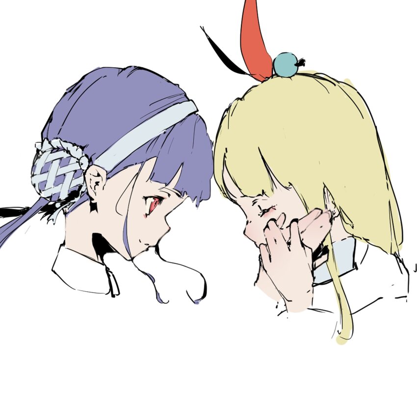 2girls absurdres blonde_hair blue_hair double_bun guratanchikin hair_bun hair_ornament hair_stick hand_on_another&#039;s_face heaven_burns_red highres kanzaki_adelheid long_hair multiple_girls ponytail satsuki_mari twintails very_long_hair yuri