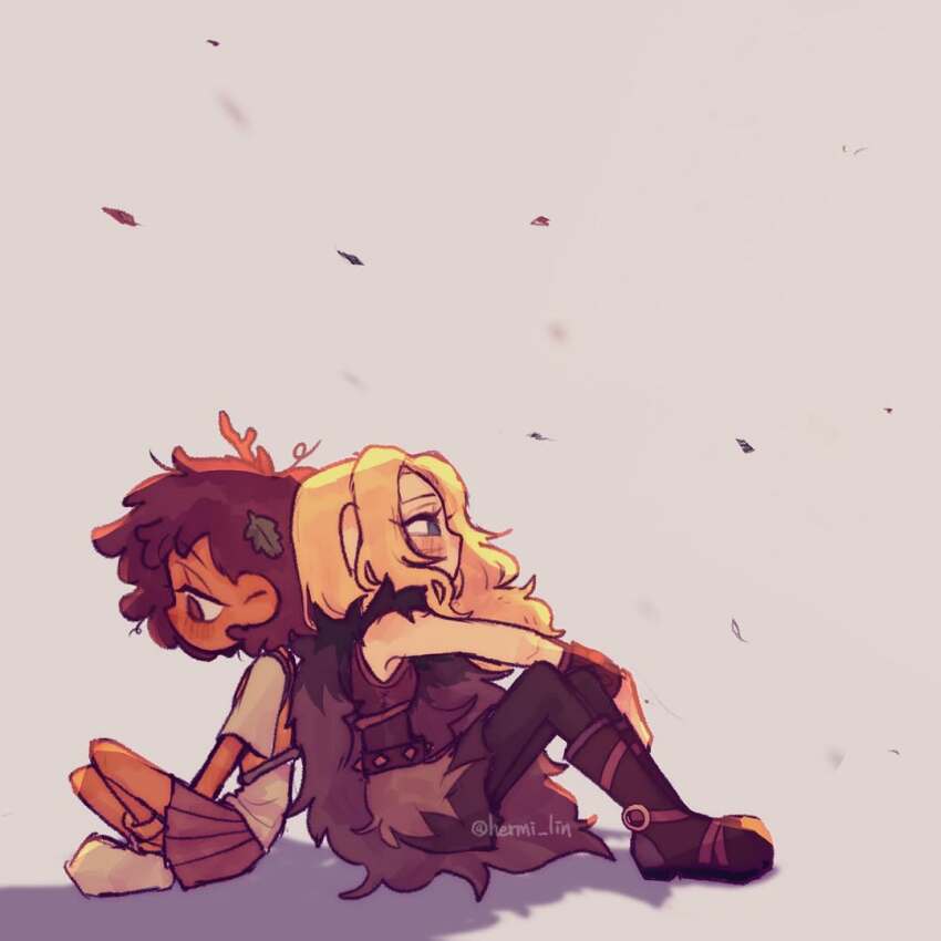 2girls amphibia anne_boonchuy back-to-back blonde_hair blue_eyes blush boots brown_eyes brown_hair cape dark-skinned_female dark_skin from_side fur_cape fur_skirt grey_background hermi leaf leaf_on_head long_hair looking_afar looking_down multiple_girls no_mouth pantyhose pleated_skirt purple_skirt resistance_costume_(amphibia) sasha_waybright short_hair signature sitting skirt socks spiked_belt