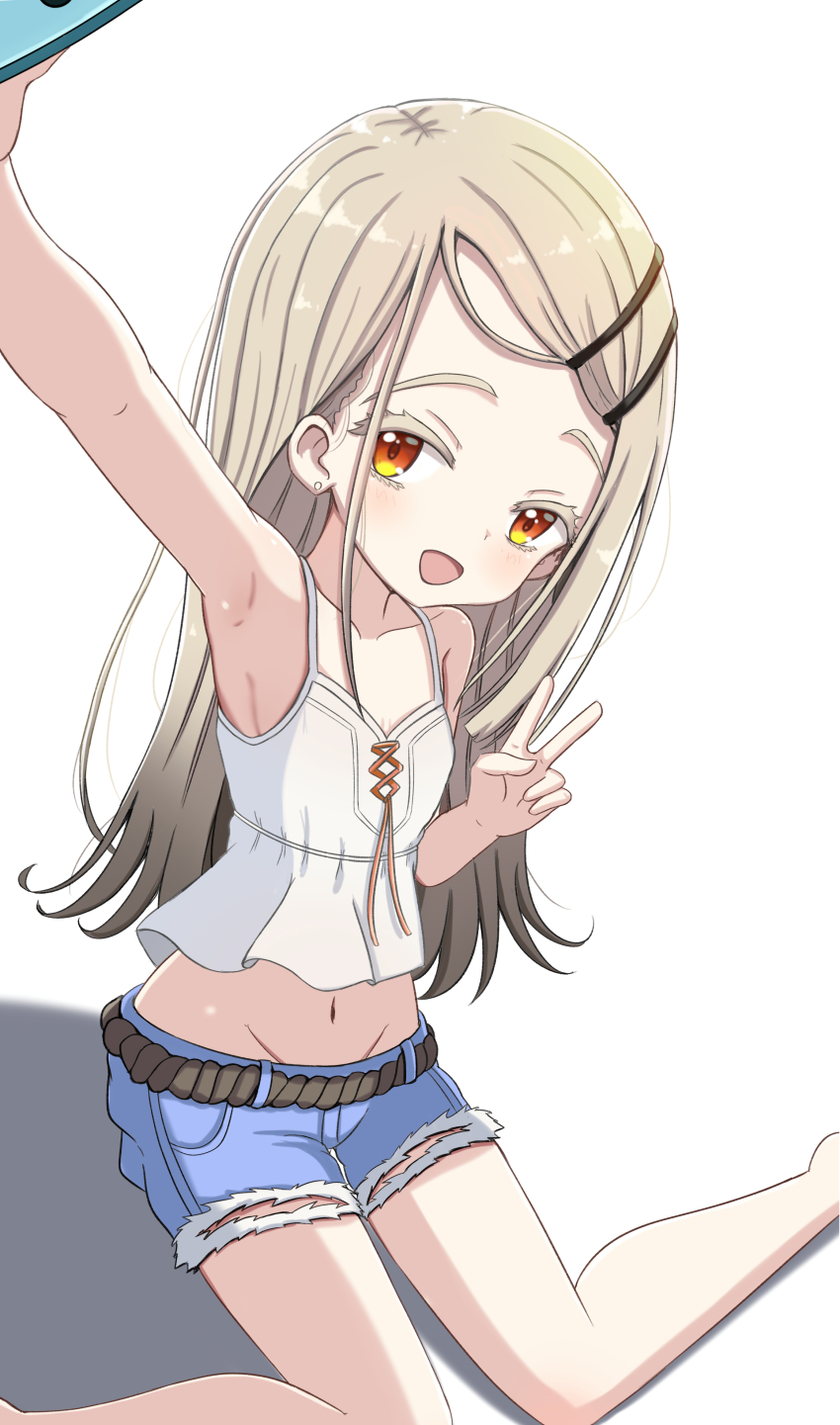 1girl :d absurdres arm_up bare_arms bare_shoulders blue_shorts breasts brown_hair camisole cellphone collarbone colored_eyelashes commentary_request crop_top cutoffs earrings feet_out_of_frame gakuen_idolmaster groin hair_ornament hairclip highres holding holding_phone idolmaster jewelry jiu_(sdesd3205) long_hair midriff navel open_mouth phone red_eyes selfie shadow shinosawa_hiro short_shorts shorts simple_background small_breasts smile solo stud_earrings swept_bangs very_long_hair white_background white_camisole