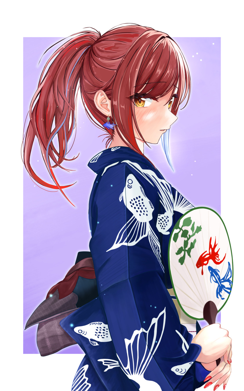 1girl absurdres animal_print blue_hair blue_kimono blush earrings fingernails fish_print hand_fan highres holding holding_fan idolmaster idolmaster_shiny_colors japanese_clothes jewelry kimono long_fingernails long_hair long_sleeves looking_at_viewer multicolored_hair nail_polish open_mouth osaki_amana paper_fan ponytail print_kimono red_hair solo streaked_hair swept_bangs two-tone_hair uchiwa wide_sleeves yamanade38 yellow_eyes yukata