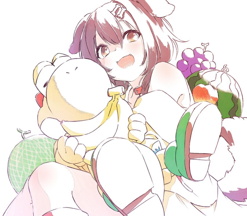 animal_collar animal_ears braid brown_eyes brown_hair cartoon_bone collar dog_ears dog_girl dog_tail fangs food fruit hair_ornament hashiguma highres holding holding_food holding_fruit hololive inugami_korone inugami_korone_(1st_costume) jacket low_twin_braids mario_(series) nintendo tail twin_braids virtual_youtuber yellow_jacket yellow_yoshi yoshi
