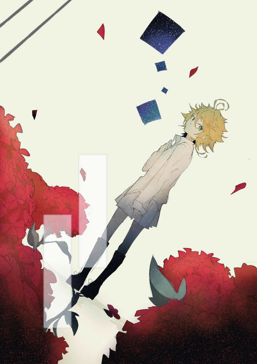 1girl absurdres ahoge black_boots boots closed_mouth collared_shirt dinned emma_(yakusoku_no_neverland) expressionless eyelashes flower full_body green_eyes hair_between_eyes hand_on_own_chest highres knee_boots leaf long_sleeves looking_at_viewer looking_back messy_hair miniskirt night night_sky orange_hair petals pleated_skirt red_flower school_uniform shirt skirt sky sleeves_past_wrists solo standing star_(sky) starry_sky white_background white_shirt white_skirt window yakusoku_no_neverland