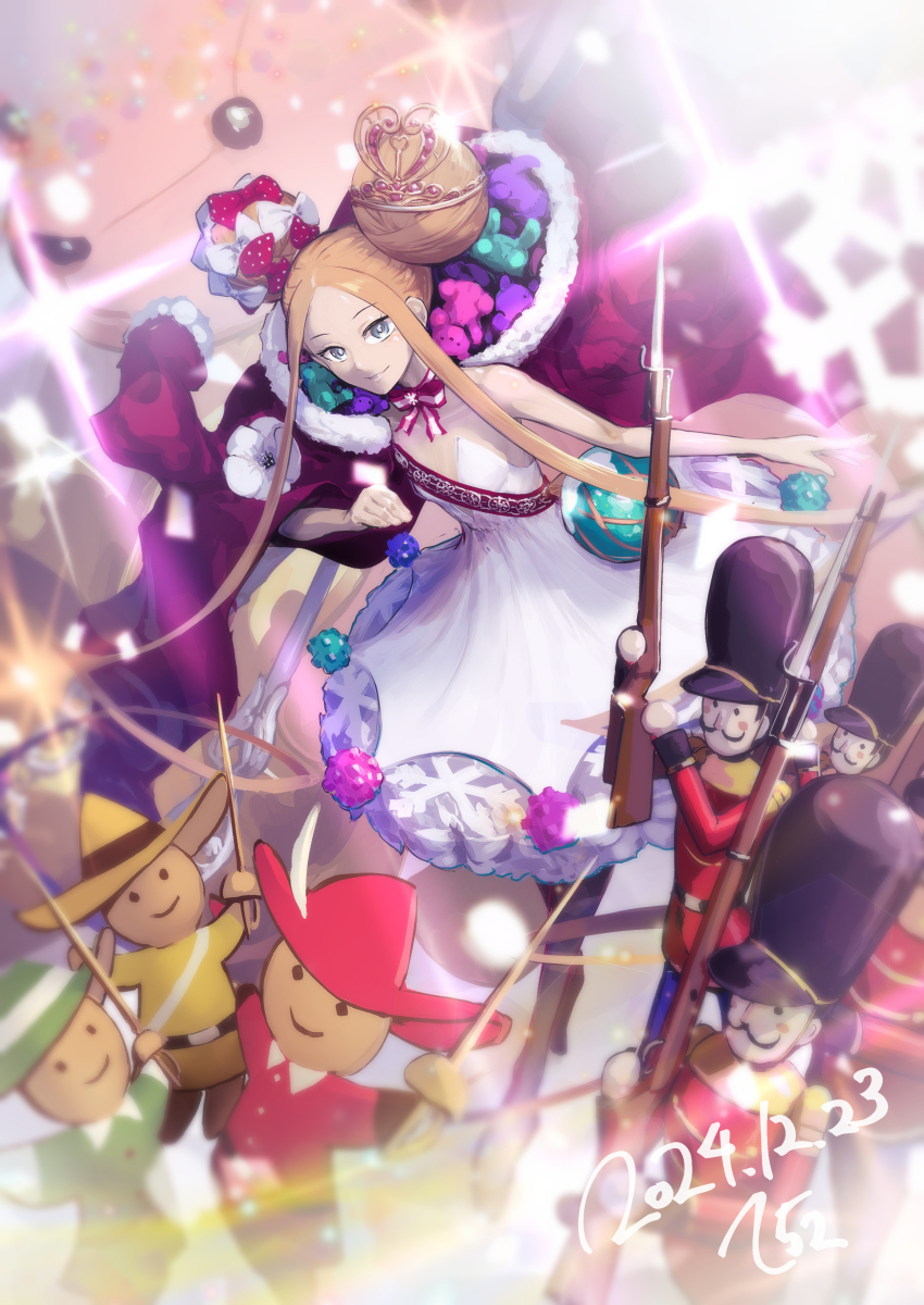 152_in_can 1girl abigail_williams_(fate) abigail_williams_(santa)_(fate) absurdres bare_shoulders blonde_hair blue_eyes blush bow breasts cloak double_bun dress fate/grand_order fate_(series) forehead fur-trimmed_cloak fur_trim hair_bow hair_bun heavy_lens_flare highres lens_flare long_hair looking_at_viewer parted_bangs red_bow red_cloak sash sidelocks small_breasts smile stuffed_animal stuffed_toy teddy_bear tiara white_bow white_dress