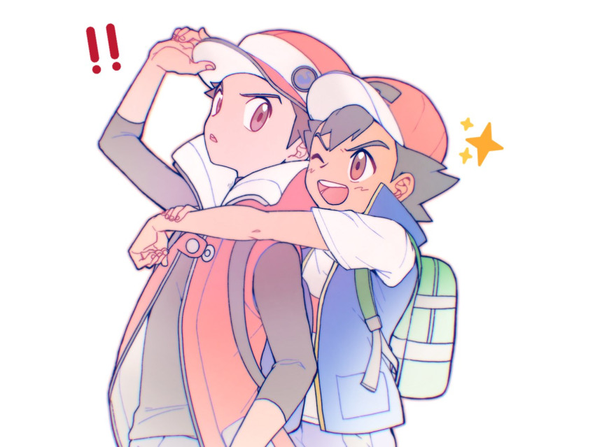 2boys ash_ketchum backpack bag brown_eyes ca_pkmn hat hat_tip hug male_focus multiple_boys nintendo pokemon pokemon_(anime) pokemon_journeys pokemon_masters_ex red_(pokemon) red_(sygna_suit)_(pokemon)