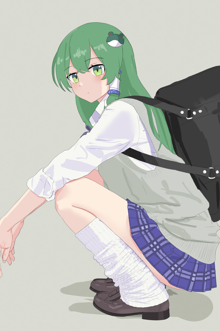 1girl absurdres ass_peek black_bag blue_skirt blush brown_shoes commentary_request doubutsu_koujou frog_hair_ornament green_eyes green_hair hair_ornament highres kochiya_sanae loafers long_hair looking_at_viewer looking_to_the_side loose_socks plaid_clothes plaid_skirt pleated_skirt school_uniform shirt shoes simple_background skirt snake_hair_ornament socks solo squatting touhou very_long_hair white_shirt white_socks
