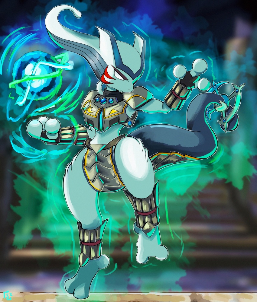1other alternate_color alternate_costume alternate_eye_color alternate_form anklet armor armored_legwear aura blue_gemstone chest_jewel commentary corruption crescent crescent_print crossover dark_persona double_helix energy_ball english_commentary facial_mark facial_tattoo fierce_deity floating gem gen_1_pokemon glowing hal_laboratory highres jewelry knee_up leg_up legendary_pokemon looking_to_the_side mewtwo nintendo no_humans no_pupils orb pokemon pokemon_(creature) possessed possession serious stoic_seraphim super_smash_bros. tail tattoo the_legend_of_zelda the_legend_of_zelda:_majora&#039;s_mask transformation triangle triangle_print white_eyes wrist_guards