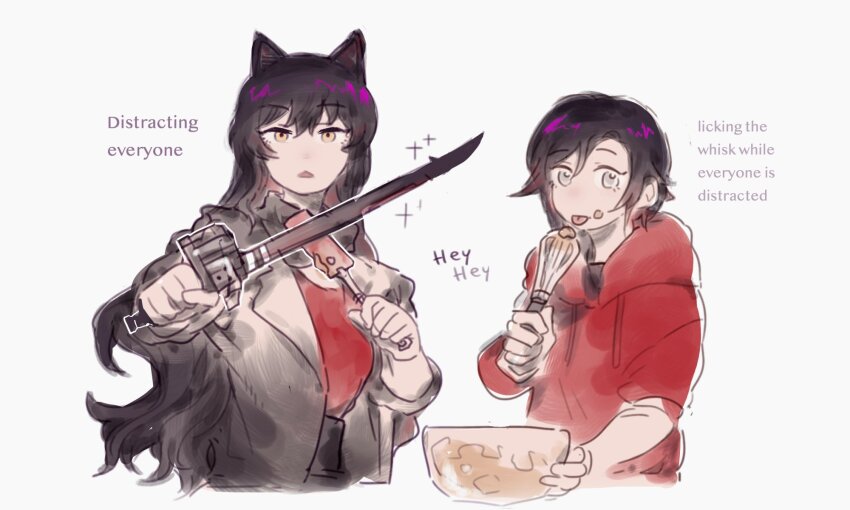 2girls animal_ears black_hair black_pants blake_belladonna bowl cat_ears cat_girl collared_jacket commentary english_commentary english_text food food_on_face gambol_shroud grey_eyes gun hair_between_eyes hand_up hands_up highres hiru315 holding holding_gun holding_spatula holding_sword holding_weapon holding_whisk hood hoodie jacket licking_whisk long_hair looking_at_viewer medium_hair multiple_girls open_clothes open_jacket pants photo-referenced red_hoodie red_shirt ruby_rose rwby shirt simple_background sketch sleeves_rolled_up sparkle spatula straight-on swept_bangs sword upper_body weapon whisk white_background white_jacket yellow_eyes