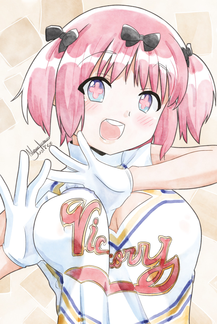 1girl absurdres artist_name black_bow black_ribbon blush bow breasts cheerleader dated english_text flower_in_eye gloves hair_bow hair_ribbon heart heart_hands hibari_(senran_kagura) highres large_breasts looking_at_viewer medium_hair multicolored_eyes nanaeljustice open_mouth pink_hair pink_pupils purple_eyes ribbon senran_kagura senran_kagura_shinovi_versus shirt simple_background smile solo symbol_in_eye teeth two-tone_eyes white_gloves white_shirt