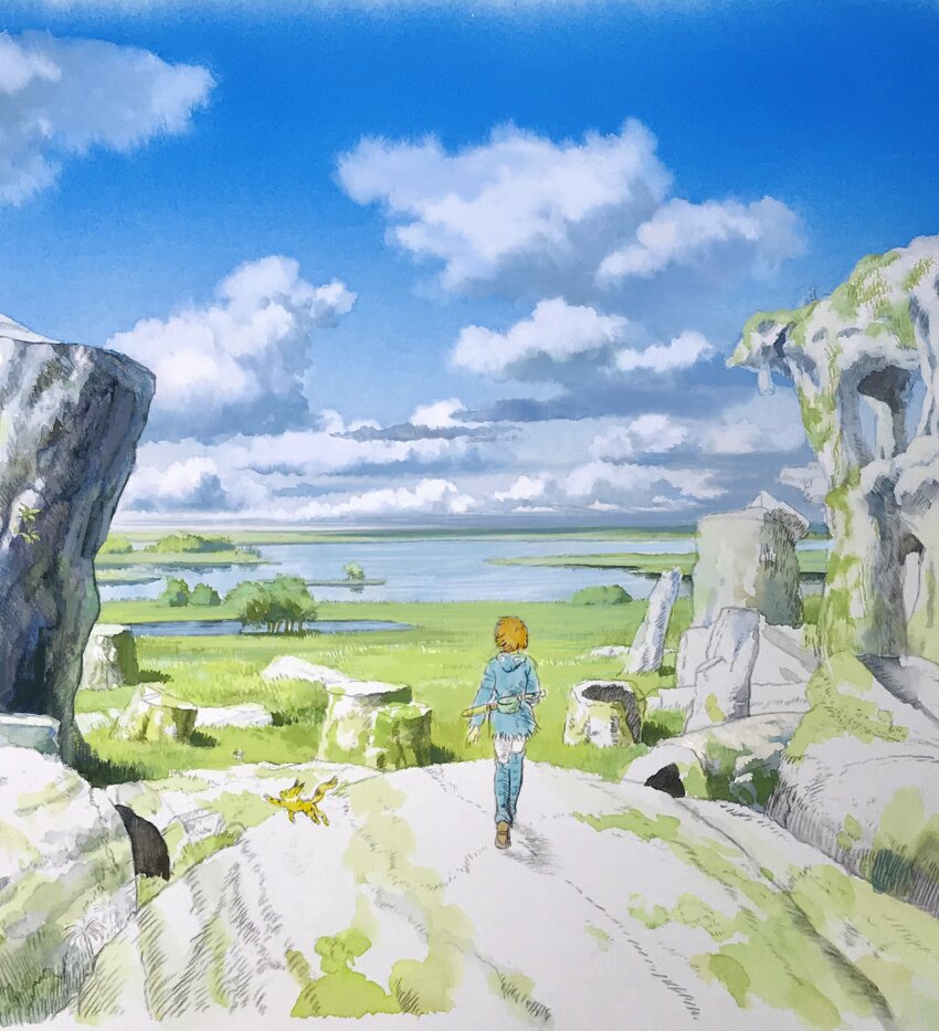 1girl blue_dress blue_sky brown_hair cloud commentary damachitanu day dress english_commentary full_body grass highres horizon kaze_no_tani_no_nausicaa lake nausicaa outdoors overgrown painting_(medium) scenery short_hair sky teto_(nausicaa) traditional_media tree watercolor_(medium)