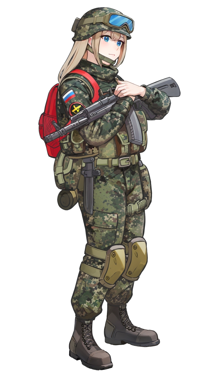 1girl ak-74m ak74m_(girls&#039;_frontline) assault_rifle backpack bag blonde_hair blue_eyes boots camouflage chin_strap digital_camouflage girls&#039;_frontline goggles goggles_on_head gun helmet highres history_loving_cucumber hugging_object kalashnikov_rifle knee_pads knife lace-up_boots load_bearing_vest military_combat_uniform military_uniform red_background rifle russian_flag russian_ground_forces second-party_source solo standing weapon white_background