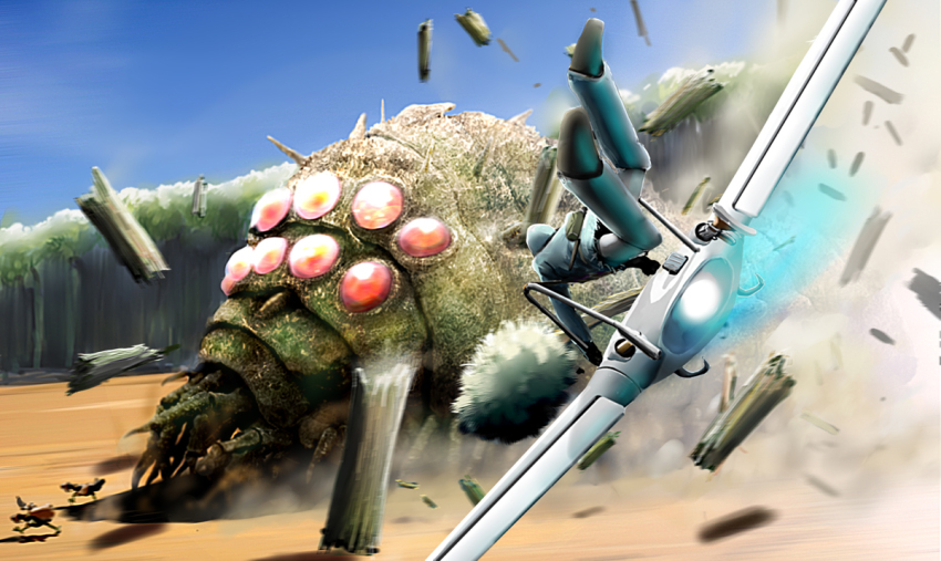 1980s_(style) bug chasing debris flying horseclaw bug kaze_no_tani_no_nausicaa mehve motion_blur nausicaa ohmu retro_artstyle red_eyes retro_artstyle running tk914 yupa