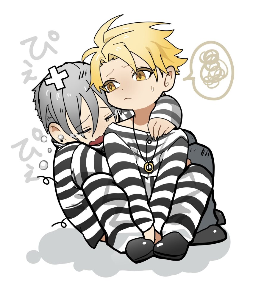 2boys bakshi_christensen black_footwear black_shirt blonde_hair crying full_body giancarlo_bourbon_del_monte grey_hair grey_pants highres jewelry light_frown long_sleeves lucky_dog_1 male_focus miyamoyan multiple_boys necklace on_floor open_mouth pants prison_clothes shadow shirt shoes short_hair simple_background sitting sound_effects speech_bubble striped_clothes striped_shirt sweatdrop tears two-tone_shirt wavy_mouth white_background white_shirt yaoi yellow_eyes