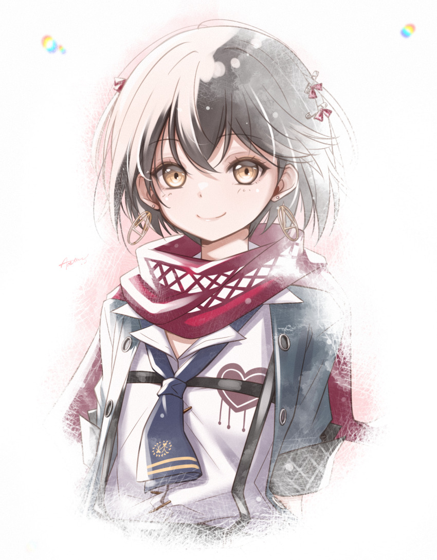 1boy apurun_run black_hair blue_necktie closed_mouth commentary_request cropped_torso earrings hair_ornament hairclip highres jewelry looking_at_viewer male_focus mashiro_meme mashiro_meme_(1st_costume) necktie nijisanji red_scarf scarf shirt solo virtual_youtuber white_background white_shirt yellow_eyes