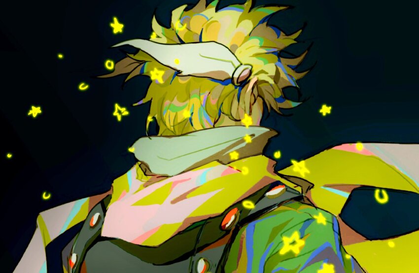 1boy battle_tendency blonde_hair caesar_anthonio_zeppeli feather_hair_ornament feathers from_behind green_jacket hair_ornament highres jacket jojo_no_kimyou_na_bouken male_focus neon_trim pink_scarf scarf solo star_(symbol) star_print suzuri513