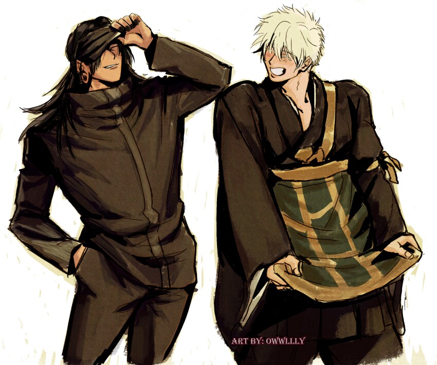 2boys baggy_clothes black_hair black_pants blindfold blindfold_lift cosplay costume_switch ear_piercing getou_suguru getou_suguru_(cosplay) gojou_satoru gojou_satoru_(cosplay) hair_pulled_back highres jujutsu_kaisen jujutsu_tech_uniform long_sleeves looking_at_another male_focus medium_hair multiple_boys owwllly pants piercing plug_(piercing) short_hair simple_background smile white_background white_hair