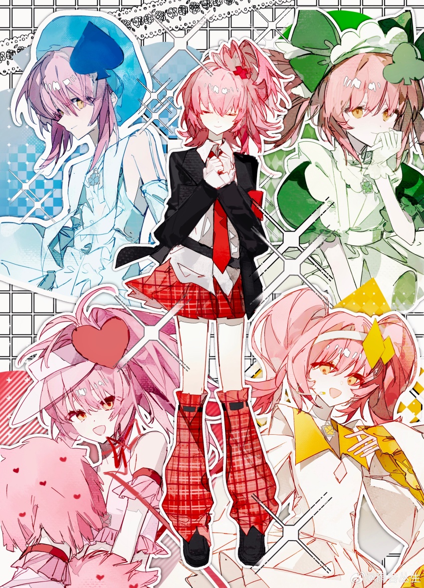 5girls absurdres black_jacket black_shoes blue_hat buqiyong character_request closed_eyes club_(shape) collared_dress collared_shirt diamond_(shape) dress facing_viewer green_eyes green_hair grey_hair hairband hat heart highres jacket leg_warmers loafers long_sleeves looking_at_viewer maid maid_headdress medium_hair multiple_girls necktie open_clothes open_jacket pink_hair plaid_clothes plaid_leg_warmers plaid_skirt ponytail red_leg_warmers red_necktie red_skirt ribbon-trimmed_leg_warmers shirt shoes short_hair shugo_chara! sidelocks skirt sleeveless sleeveless_dress spade_(shape) sparkle twintails updo white_dress white_shirt wide_sleeves