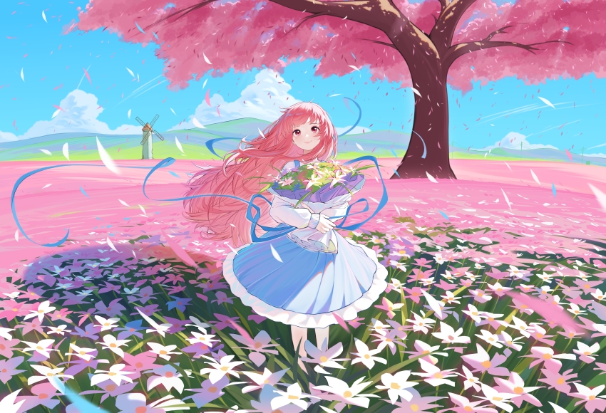 1girl absurdres artist_request back_ribbon blue_dress blue_ribbon blue_sky bouquet cherry_blossoms chinese_commentary circle_skirt closed_mouth cloud commentary_request day dot_nose dress falling_petals feet_out_of_frame field floating_clothes flower flower_field frilled_dress frills highres holding holding_bouquet lily_(flower) lipstick long_hair long_sleeves looking_at_viewer makeup medium_dress mountainous_horizon nikki_(nikki) nikki_(series) outdoors petals pink_eyes pink_flower pink_hair pink_lips pleated_skirt puffy_long_sleeves puffy_sleeves ribbon second-party_source shadow shirt skirt sky sleeves_past_wrists smile solo spring_(season) standing tareme tree very_long_hair white_flower white_shirt wind windmill