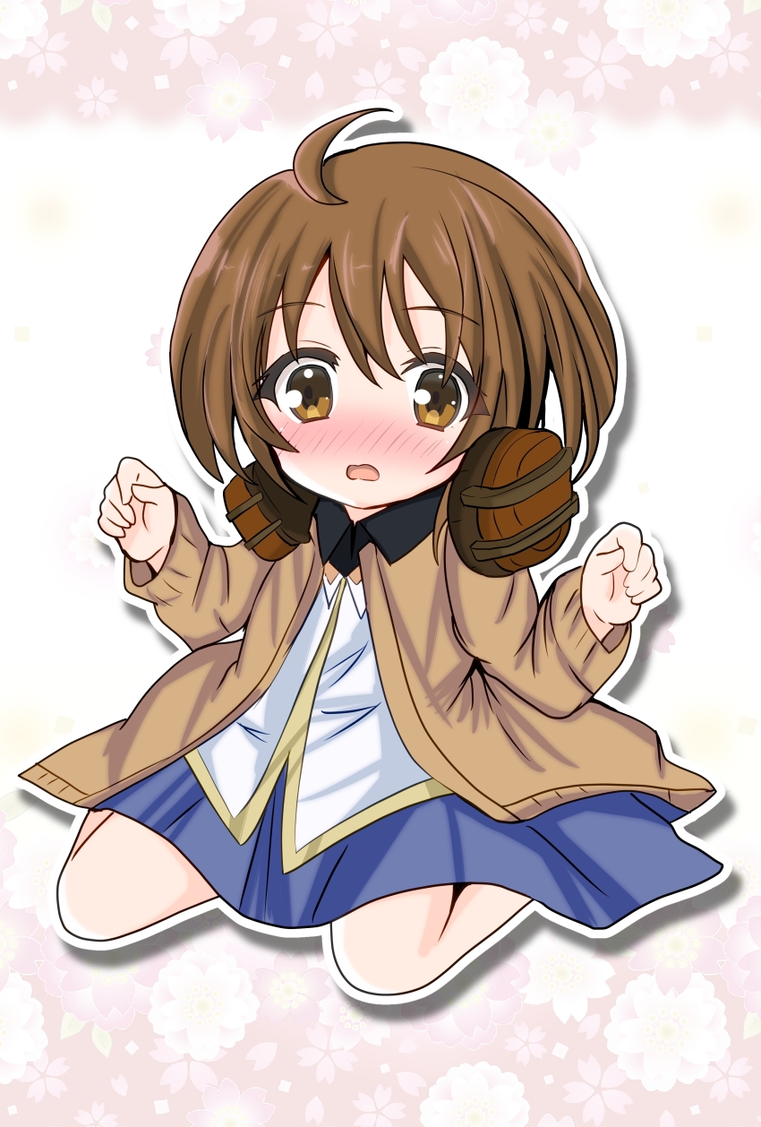 1girl absurdres age_regression aged_down ahoge assault_lily blue_skirt blush brown_cardigan brown_eyes brown_hair cardigan child collared_shirt commentary ebisu_nobu floral_background flower full_body hair_between_eyes hands_up headphones highres kawamura_yuzuriha looking_at_viewer miniskirt nose_blush odaiba_girls_high_school_uniform open_cardigan open_clothes outline oversized_clothes parted_lips pink_background pink_flower school_uniform shirt short_hair sitting skirt solo two-tone_background wariza white_background white_flower white_outline white_shirt