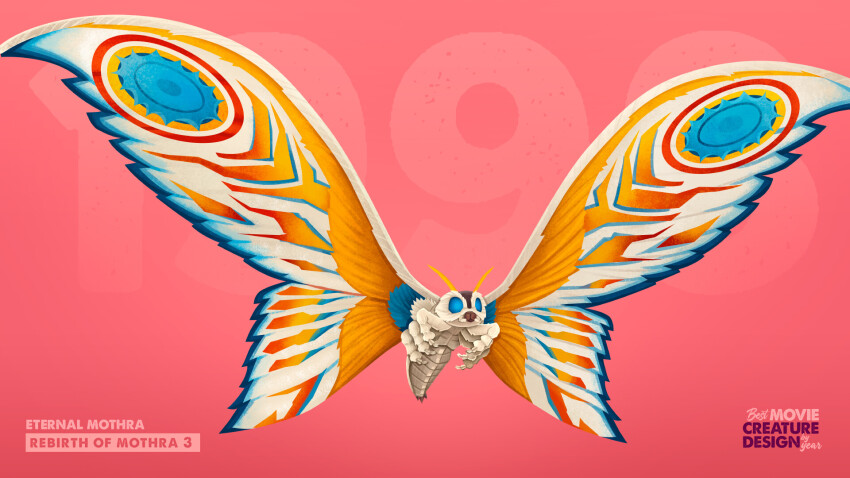 antennae blue_eyes bug character_name eternal_mothra full_body greco_westermann highres kaiju mandibles mothra mothra_(series) no_humans pink_background rebirth_of_mothra_iii simple_background stinger toho