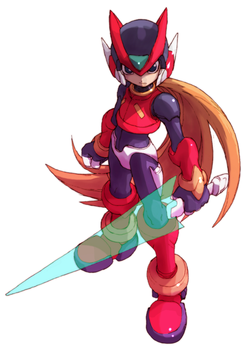 1boy absurdres android armor black_eyes blonde_hair boots energy_sword forehead_jewel full_body helmet highres holding holding_sword holding_weapon long_hair looking_at_viewer male_focus mega_man_(series) mega_man_zero_(series) mega_man_zero_1 nakayama_tooru official_art red_armor red_boots red_helmet simple_background solo sword third-party_source weapon white_background z_saber zero(z)_(mega_man) zero_(mega_man)