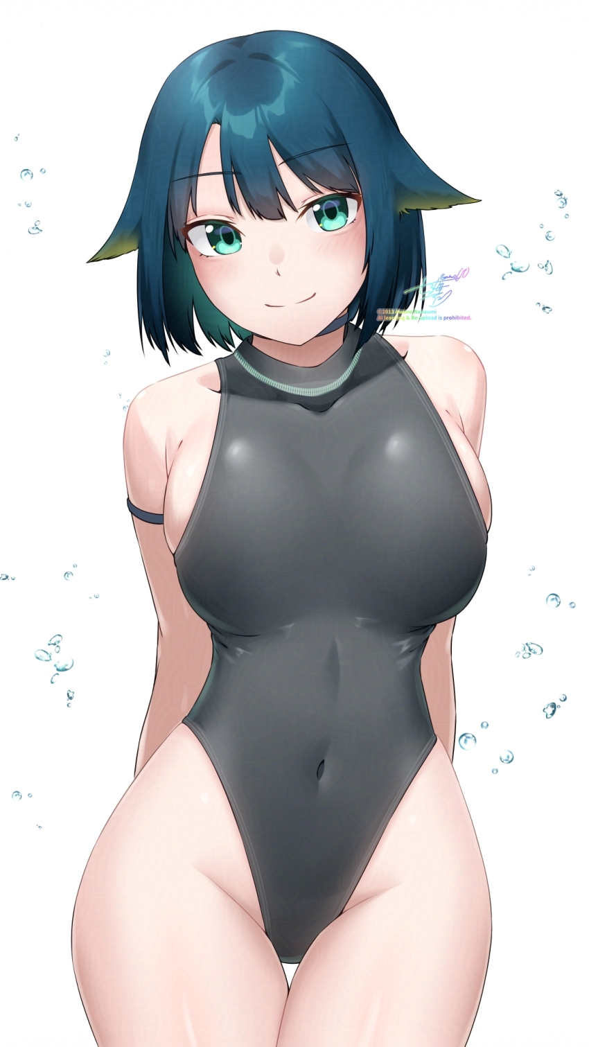 1girl awono_nanaumi blue_hair blush breasts closed_mouth competition_swimsuit covered_collarbone covered_navel cowboy_shot fukami_nana_(awono_nanaumi) green_eyes grey_one-piece_swimsuit hair_flaps highleg highleg_one-piece_swimsuit highres large_breasts looking_at_viewer one-piece_swimsuit original short_hair simple_background smile solo standing swimsuit thighs white_background