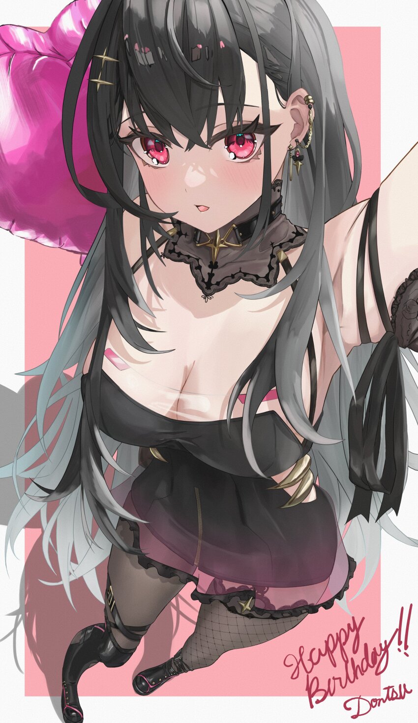 1girl :o absurdres arm_ribbon arm_up armpits artist_name balloon bare_shoulders black_boots black_collar black_dress black_hair blush boots border breasts cleavage cleavage_cutout clothing_cutout collar commentary crossed_bangs dontsu dress ear_chain ear_piercing earrings english_commentary foreshortening garter_straps gradient_hair grey_hair grey_pantyhose grey_thighhighs hair_behind_ear hair_between_eyes hair_ornament hairclip halter_dress halterneck happy_birthday heart_balloon highres jewelry kuroha_arya lace-trimmed_collar lace_trim large_breasts linked_piercing long_hair looking_at_viewer multicolored_hair pantyhose piercing pink_background pink_eyes reaching reaching_towards_viewer ribbon see-through_dress_layer short_dress sideless_dress single_earring single_leg_pantyhose single_thighhigh skindentation solo standing thigh_strap thighhighs very_long_hair virtual_youtuber vspo! vspo!_en white_border