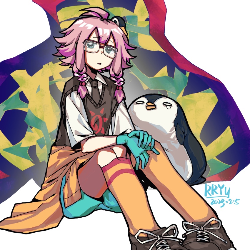 1girl arknights artist_name asymmetrical_legwear bird black_necktie black_vest blue_eyes blue_gloves blue_shorts braid brown_shoes clothes_around_waist dated glasses gloves hat highres jacket jacket_around_waist looking_at_viewer may_(arknights) mismatched_legwear necktie orange_socks orange_thighhighs penguin penguin_hat pink_hair red-framed_eyewear rryy semi-rimless_eyewear shirt shoes short_hair_with_long_locks shorts sitting sneakers socks solo thighhighs twin_braids vest white_shirt