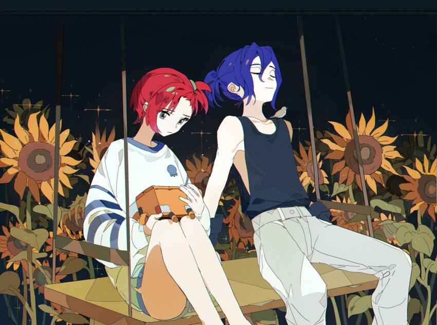 1boy 1girl absurdres amate_yuzuriha aqua_eyes blue_hair chinese_commentary closed_eyes commentary_request flower gundam gundam_gquuuuuux highres long_sleeves night night_sky non-humanoid_robot on_swing one_side_up outdoors pants ponytail red_hair robot shirosaki20 short_hair short_shorts shorts shuji_ito sitting sky sleeveless smile sunflower sweater swing tank_top