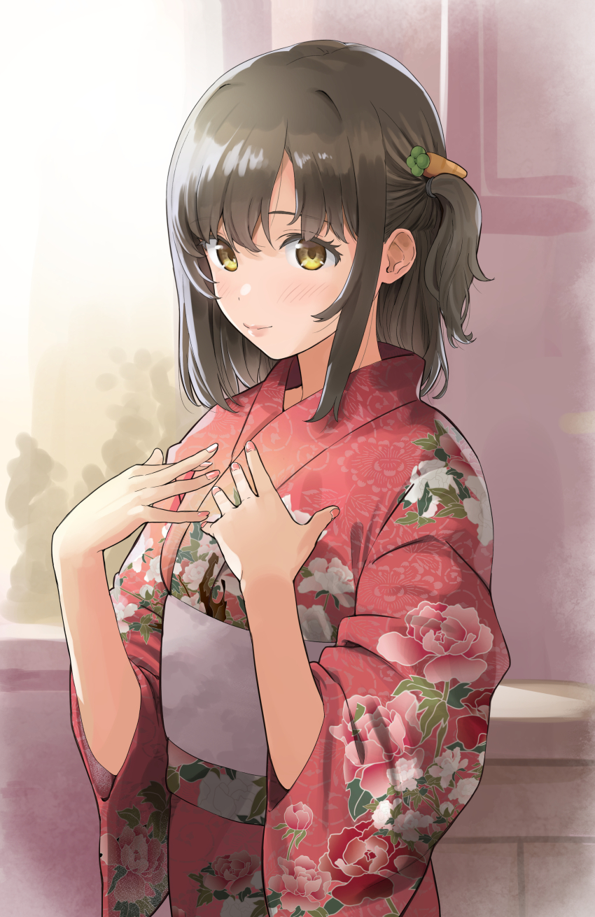 1girl absurdres blush brown_hair carrot_hair_ornament floral_print food-themed_hair_ornament hair_ornament hands_on_own_chest highres japanese_clothes kimono medium_hair nail_polish obi one_side_up original peony_print pink_nails print_kimono sash smile solo upper_body yellow_eyes yoropa yukata