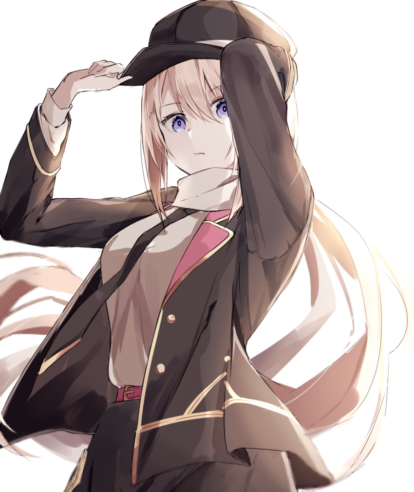 1girl adjusting_clothes adjusting_headwear belt black_hat black_jacket black_skirt blonde_hair blue_eyes breasts closed_mouth cowboy_shot grimms_notes grimms_notes_gakuen hat highres iumi_urura jacket pink_belt ponytail reina_(gakuen)_(grimms_notes) reina_(grimms_notes) shirt sidelocks simple_background skirt solo white_background white_shirt