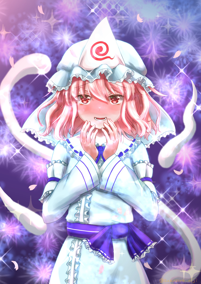 1girl abstract_background absurdres blush bow commentary_request cowboy_shot dress frilled_bow frilled_dress frilled_hat frills full-face_blush ghost hair_between_eyes hat highres long_sleeves lower_teeth_only mob_cap open_mouth perfect_cherry_blossom petals pink_hair purple_background purple_bow red_eyes ribbon-trimmed_collar ribbon_trim saigyouji_yuyuko short_hair solo sparkle spiral_print standing steam_from_mouth straight-on suzuzora_niji teeth touhou triangular_headpiece twitter_username watermark white_hat white_sleeves wide_sleeves
