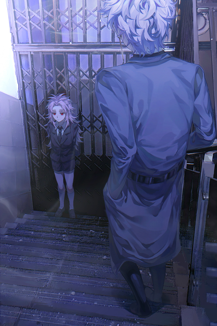 2boys absurdres belt black_belt black_boots black_jacket black_necktie black_shoes black_shorts boots brown_shoes chinese_commentary chromatic_aberration closed_mouth coat collared_shirt commentary_request curtained_hair expressionless gate grey_coat hatsutori_hajime highres jacket kneehighs long_hair male_focus multiple_boys necktie parted_bangs pink_hair red_eyes saibou_shinkyoku shirt shoes short_hair shorts socks stairs standing theodore_riddle walking white_shirt white_socks yongzhehentai