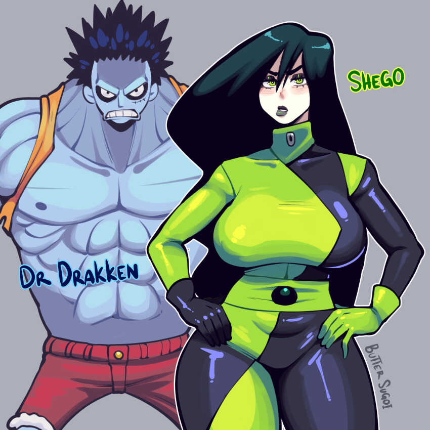 abs alternate_breast_size artist_name asymmetrical_gloves black_eyeshadow black_hair blue_skin breasts butter_sugoi character_name clenched_teeth collarbone colored_skin curvy dr._drakken eyeshadow frown gear_fourth gear_fourth:_boundman gloves green_eyes hands_on_own_hips highres impossible_clothes kim_possible_(series) large_breasts long_hair makeup mismatched_gloves muscular muscular_male one_piece parody red_shorts shego shorts signature spiked_hair teeth topless_male very_long_hair