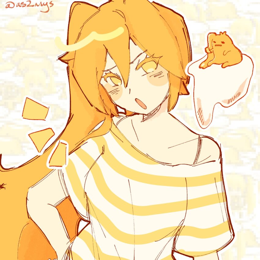 akita_neru as2mys blonde_hair egg_yolk gudetama hand_on_own_hip highres off_shoulder sanrio shirt side_ponytail striped_clothes striped_shirt vocaloid yellow_eyes yellow_stripes